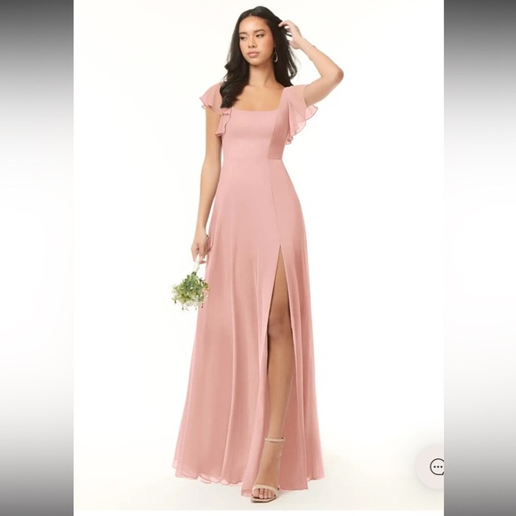 Azazie Bondi Pink Maxi Gown Rosette A-Line Ruffled Chiffon Dress size A6 - Picture 5 of 16